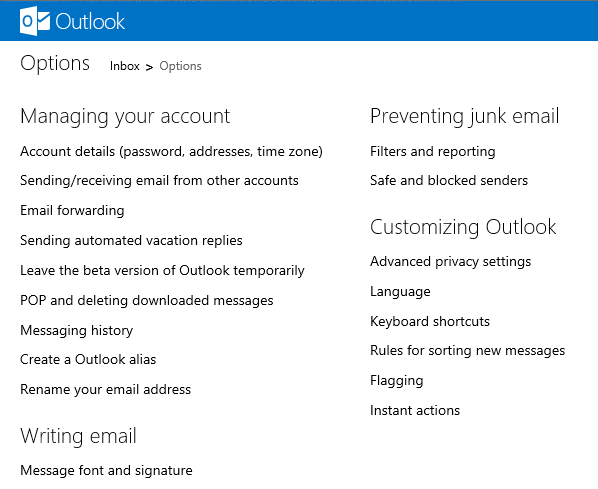 outlook menu options